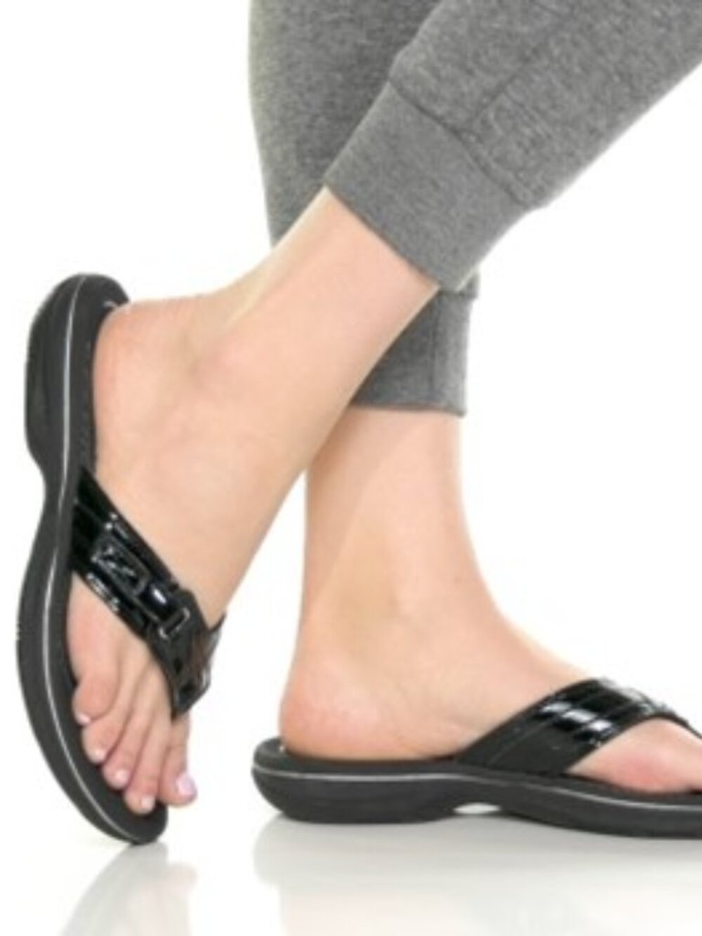 Clarks Cloudsteppers Breeze Sea Sandals Flip Flops Black Patent Size 7 NEW